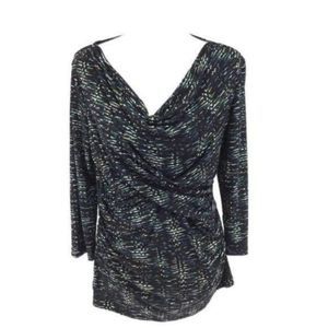 Chaus New York black printed Draped blouse top L